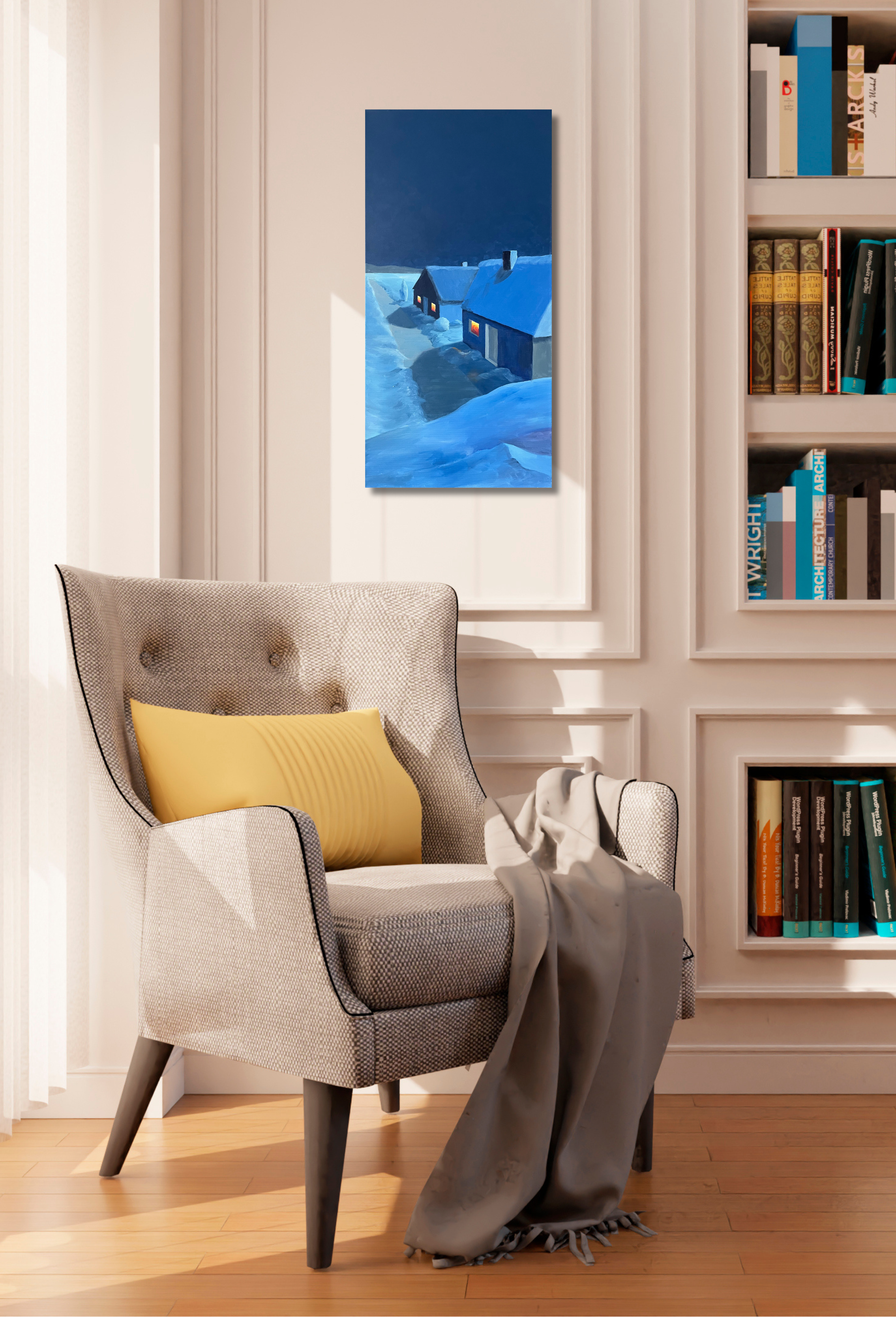 Häuser im Schnee, Ölgemälde auf Leinwand, 80x40cm