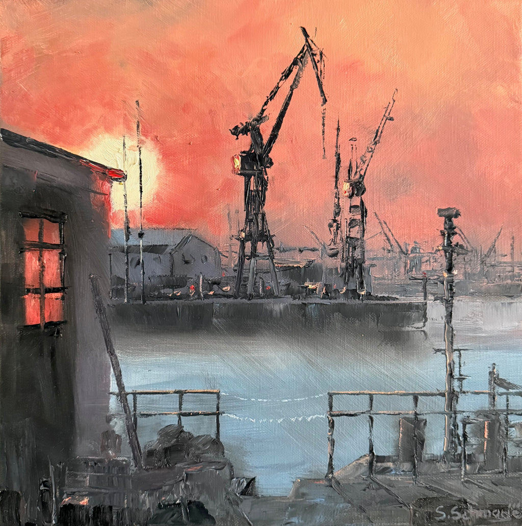 Sonnenaufgang im Hafen, Ölgemälde auf Leinwand, 30x30cm