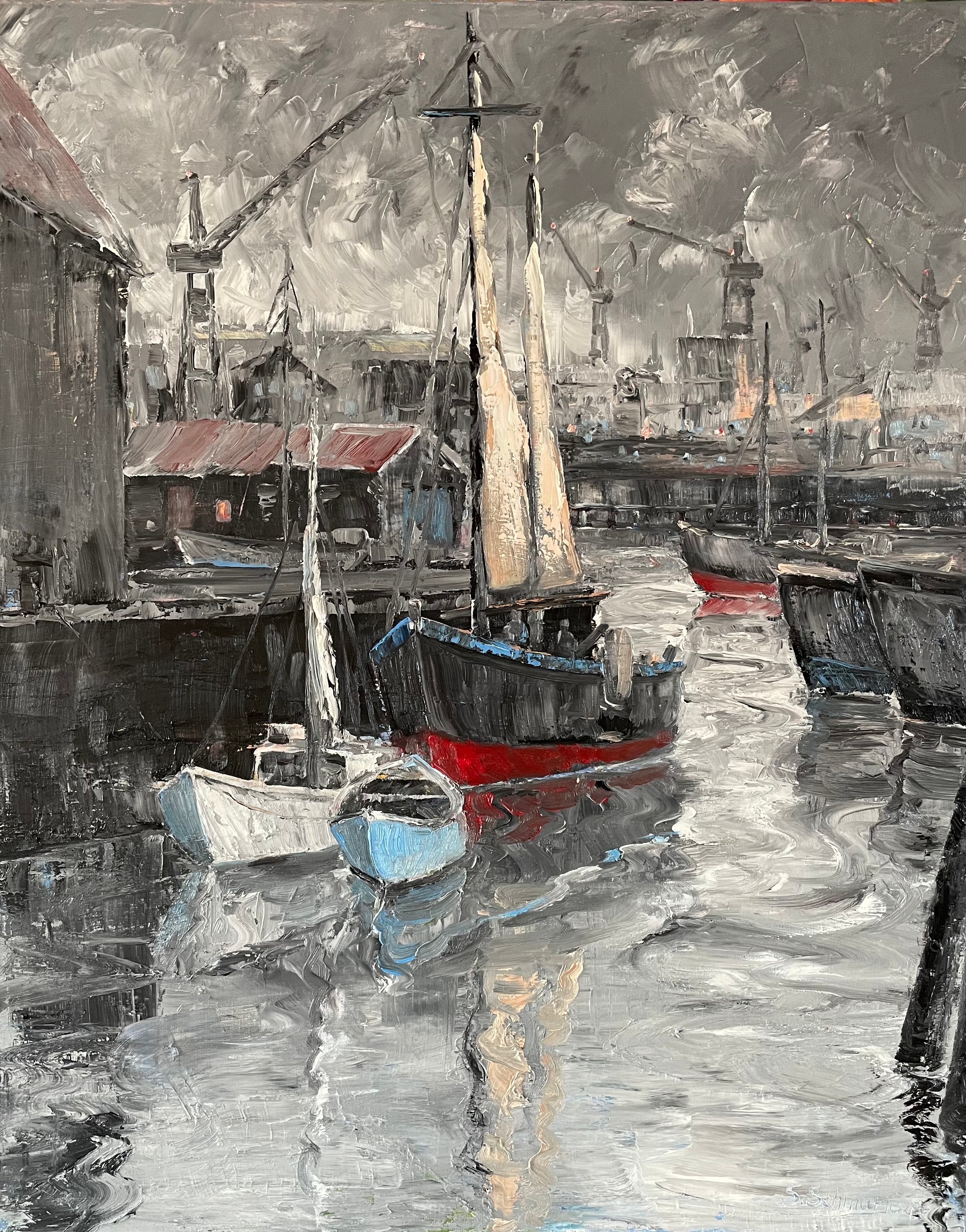Boote im Hafen, Ölgemälde auf Leinwand, 100x80cm