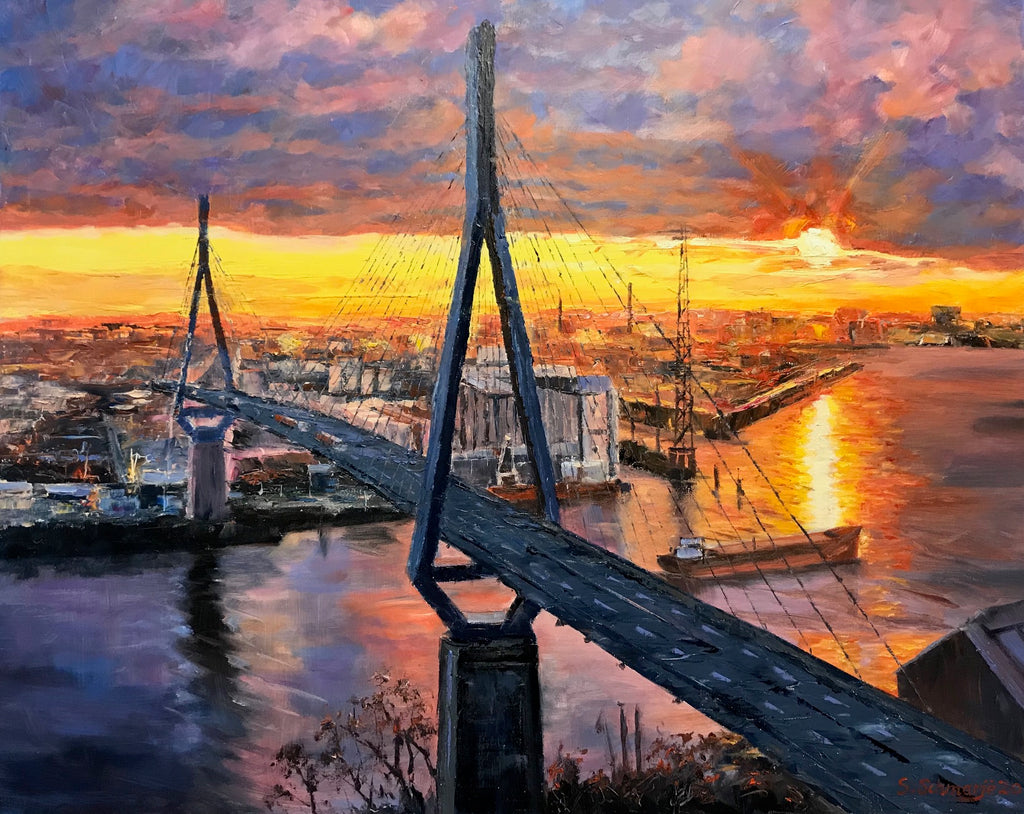 Köhlbrandbrücke im Sonnenuntergang, Ölgemälde auf Leinwand, gespachtelt, 80x100cm