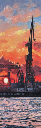 Kran im Hamburger Hafen, Ölbild gespachtelt, 150 x 50 cm