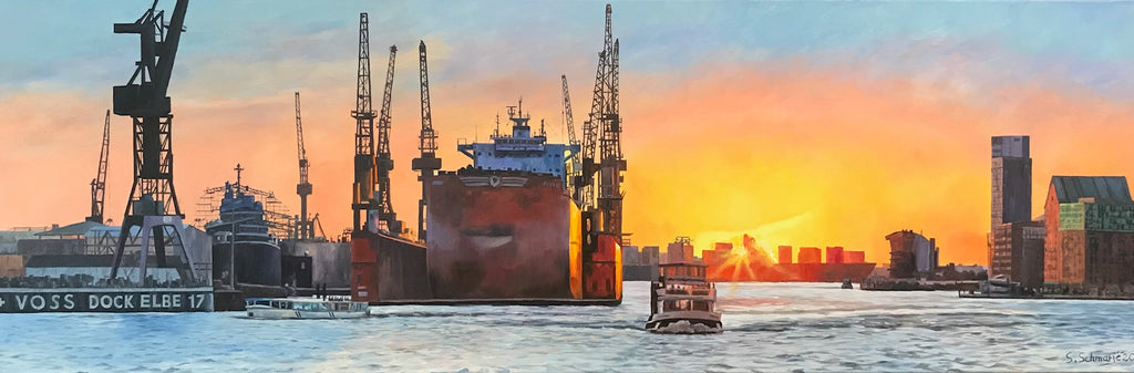 Trockendock im Sonnenuntergang, Ölgemälde 50 cm x 150 cm x 4 cm
