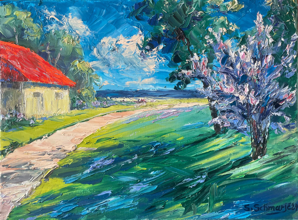 Haus am Meer gespachtelt, Ölgemälde auf Leinwand, 30x40cm