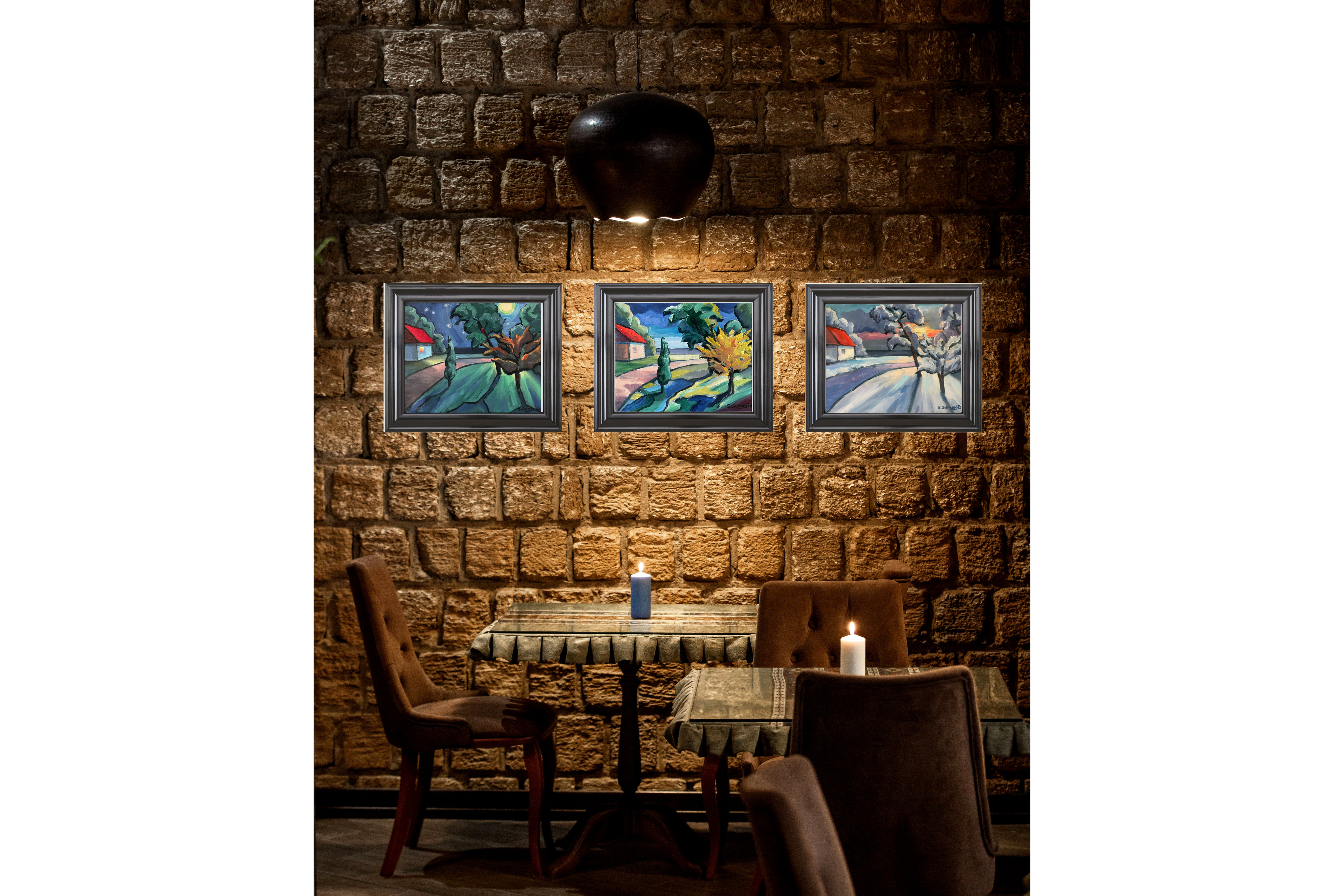 Haus am Meer im Mondschein, Ölgemälde auf Leinwand, 24x30cm