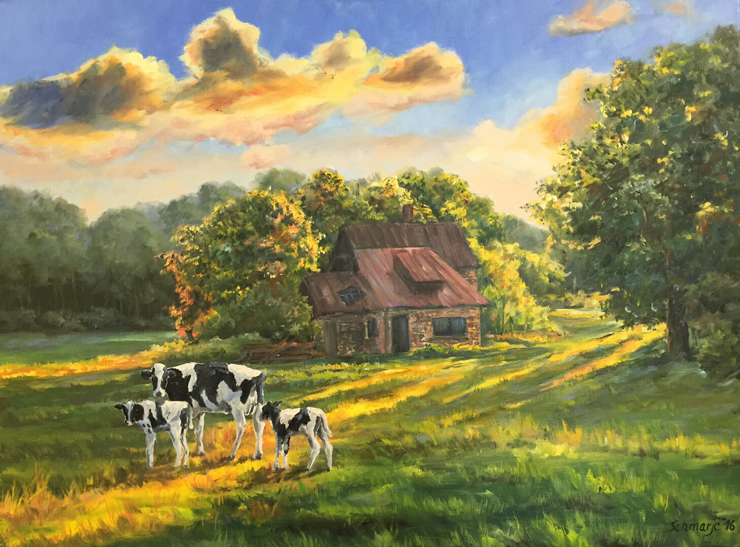 Kühe im Sonnenlicht, Ölgemälde auf Leinwand 60x80cm