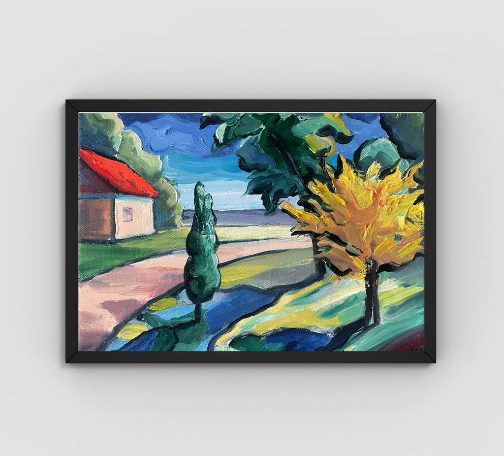 Haus am Meer im Frühsommer, Ölgemälde auf Leinwand 24x30cm