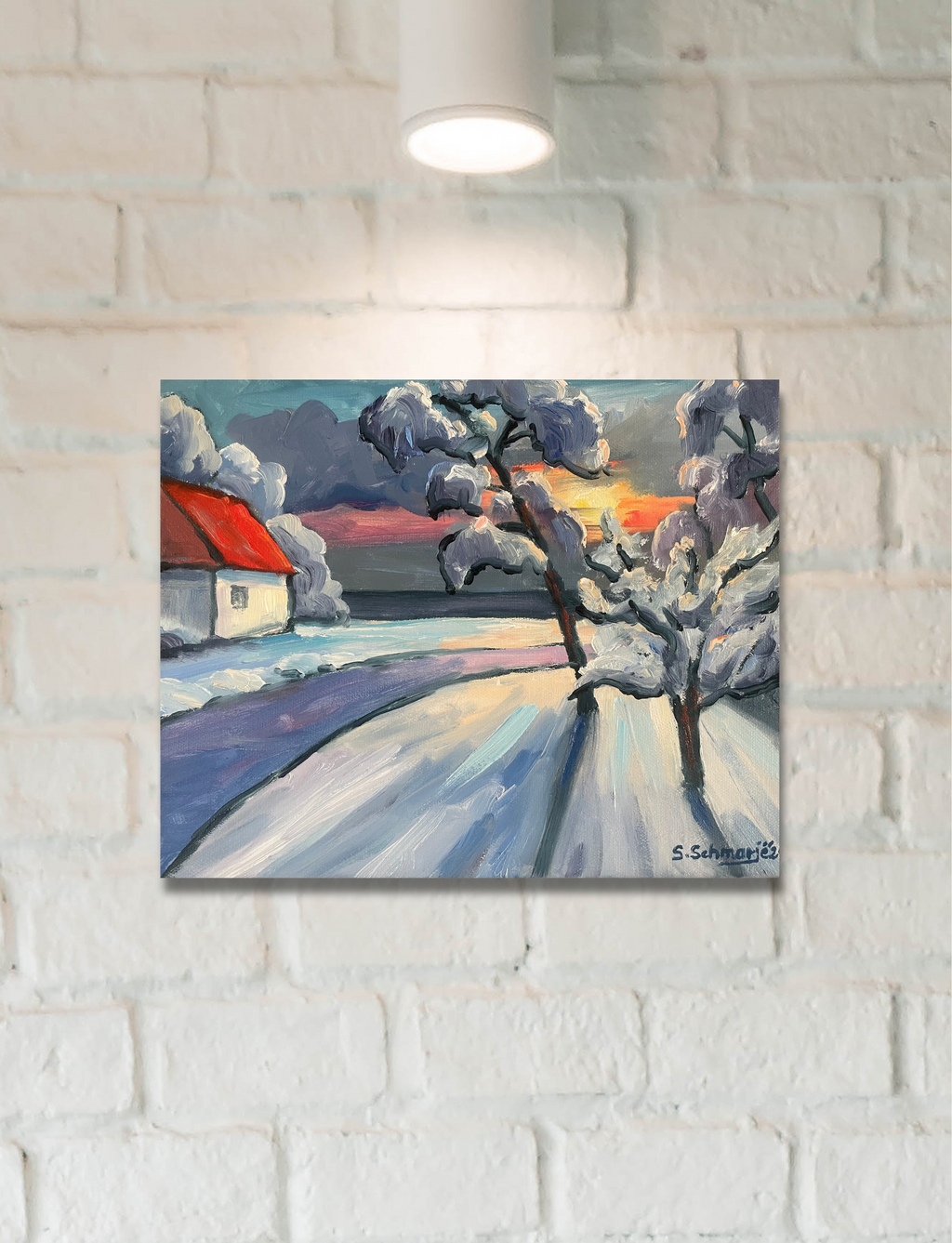 Haus am Meer im Winter, Ölgemälde auf Leinwand, 24x30cm