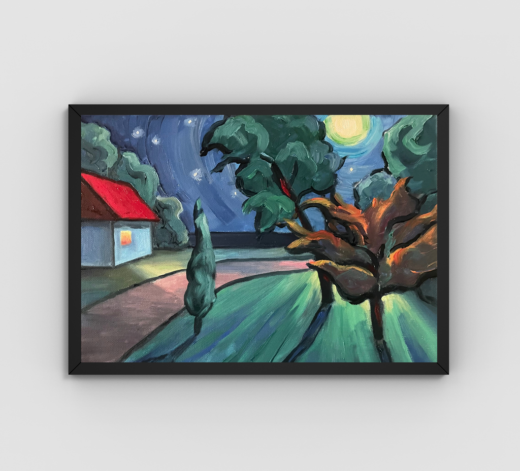 Haus am Meer im Mondschein, Ölgemälde auf Leinwand, 24x30cm