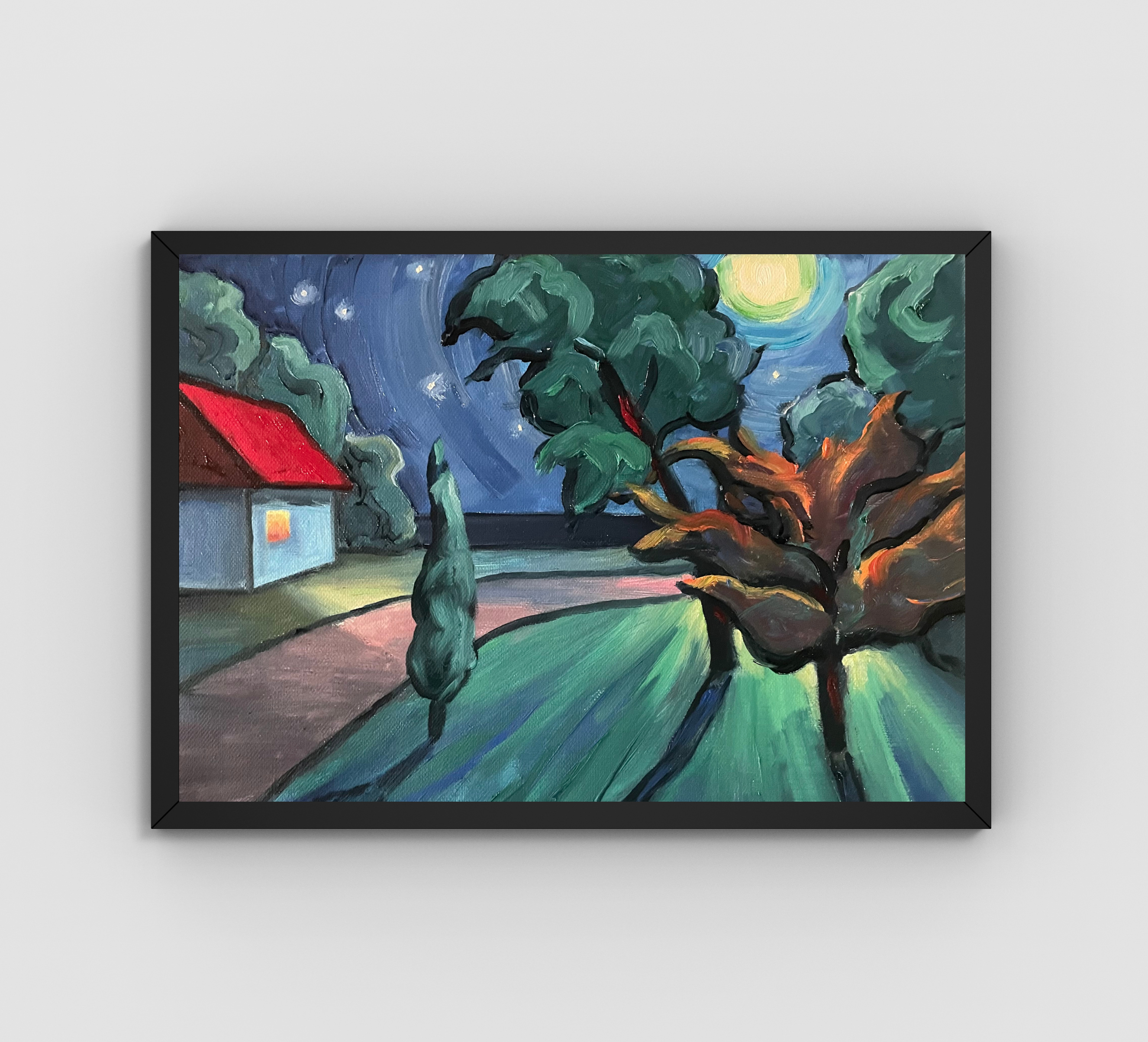 Haus am Meer im Mondschein, Ölgemälde auf Leinwand, 24x30cm