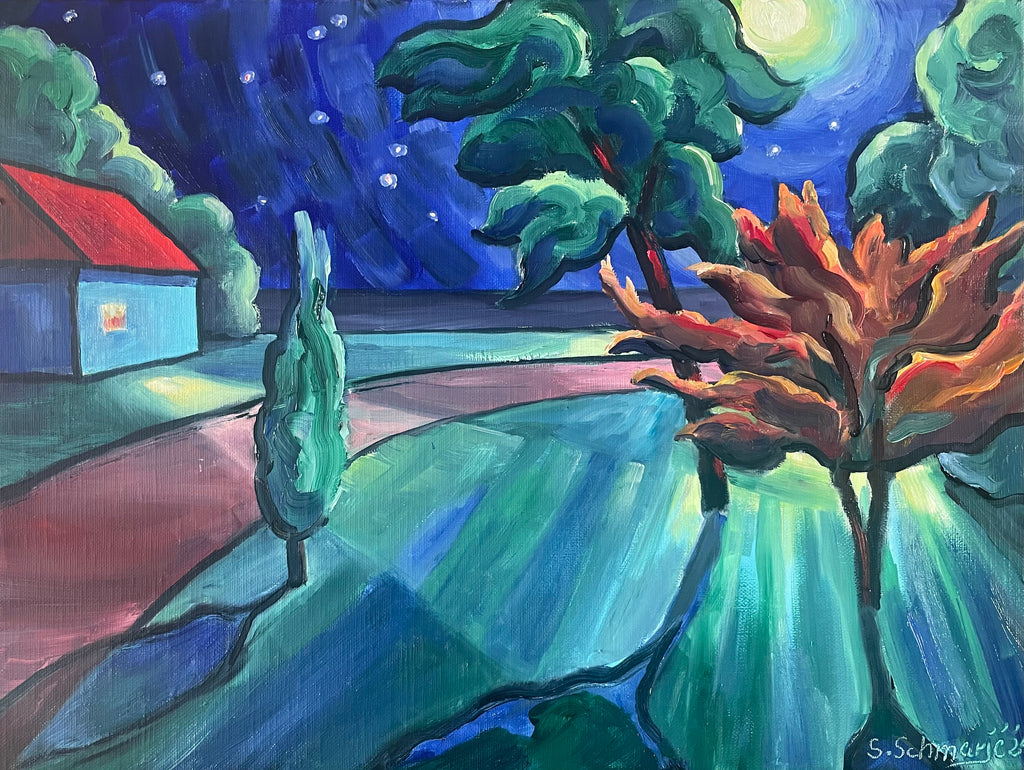 Haus im Mondlicht, Ölgemälde auf Leinwand, 30x40cm