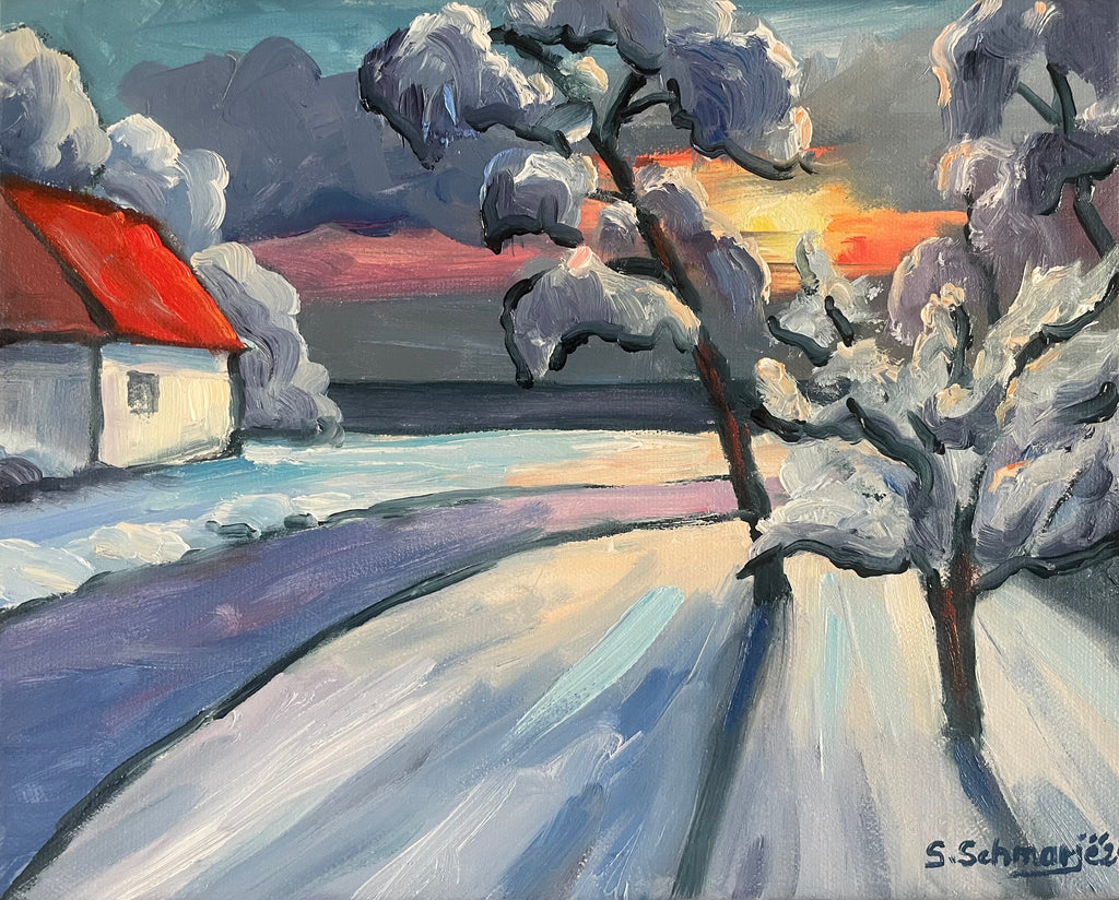 Haus am Meer im Winter, Ölgemälde auf Leinwand, 24x30cm