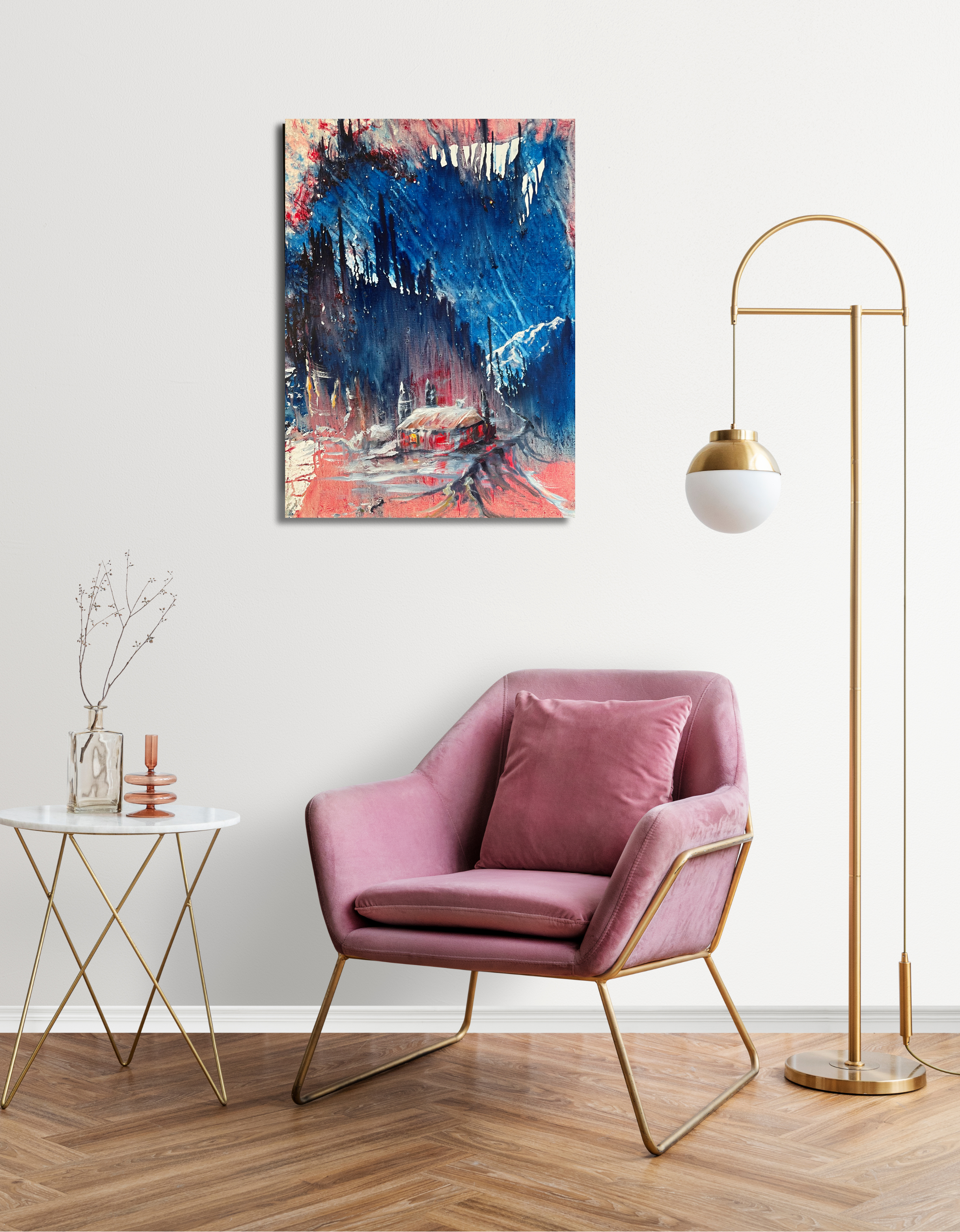 Haus in den Bergen expressiv, Gemälde auf Leinwand, 80x60cm