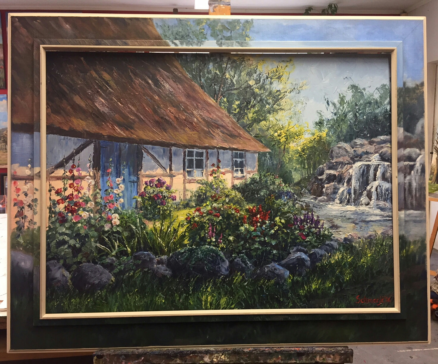 Bauernhaus am Wasserlauf, Ölgemälde auf Leinwand 50x70cm, inkl. bemaltem Rahmen (ca.77x97cm)