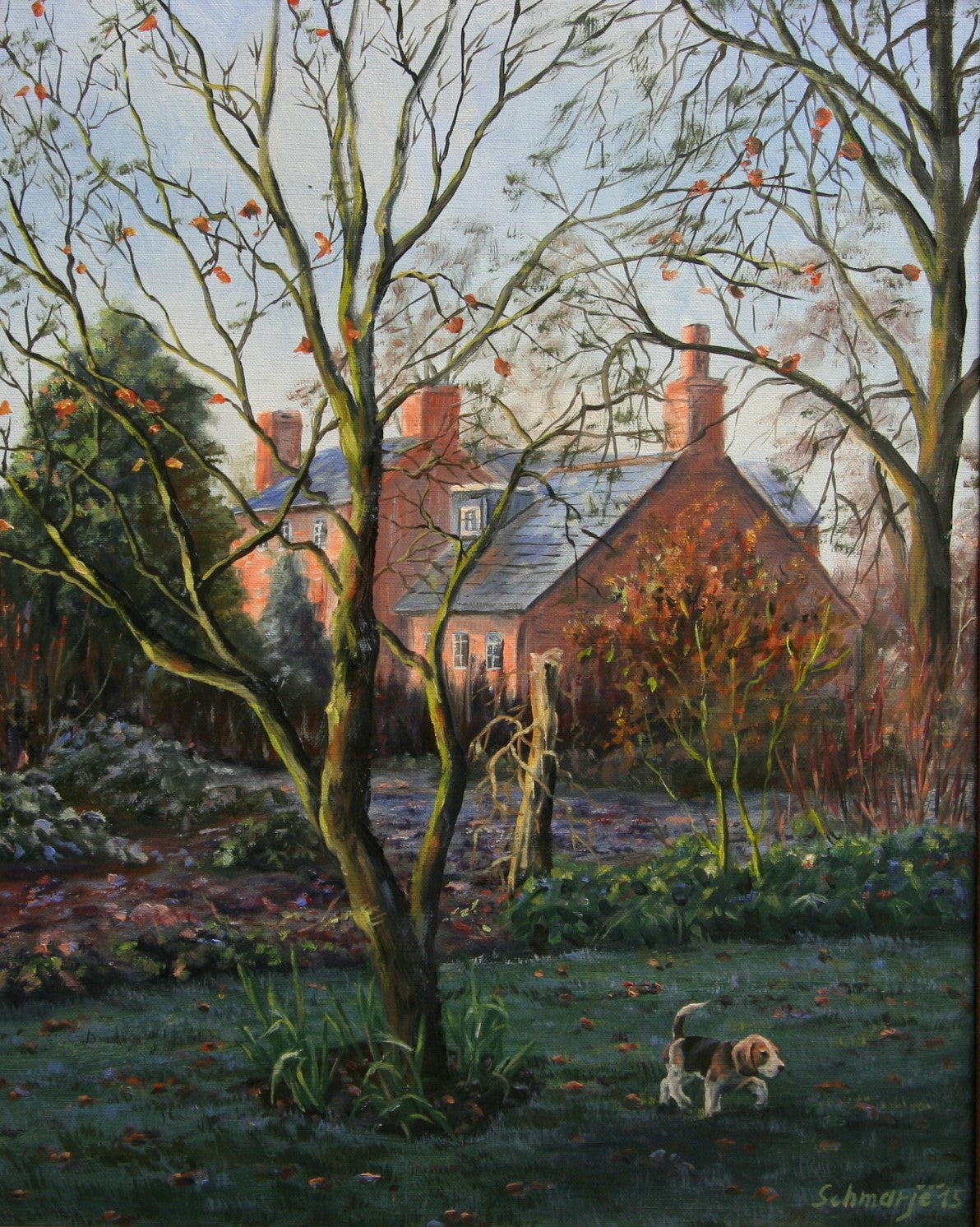 Beagle vor englischem Landhaus, Ölgemälde auf Leinwand 50x40cm