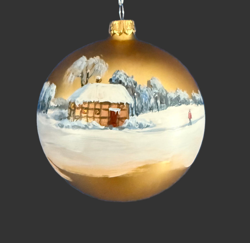 Tannenbaumkugel - Goldenes Fachwerkhaus in Schneelandschaft 10cm