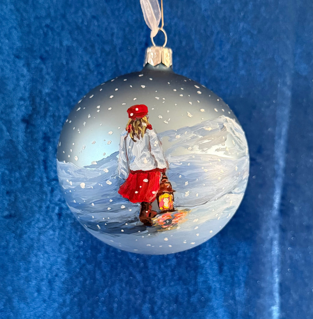 Tannenbaumkugel, Mädchen mit Laterne, 10 cm Silberblau