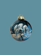 Tannenbaumkugel "Rotes Fachwerkhaus in Schneenacht" 8 cm, Glas Blau