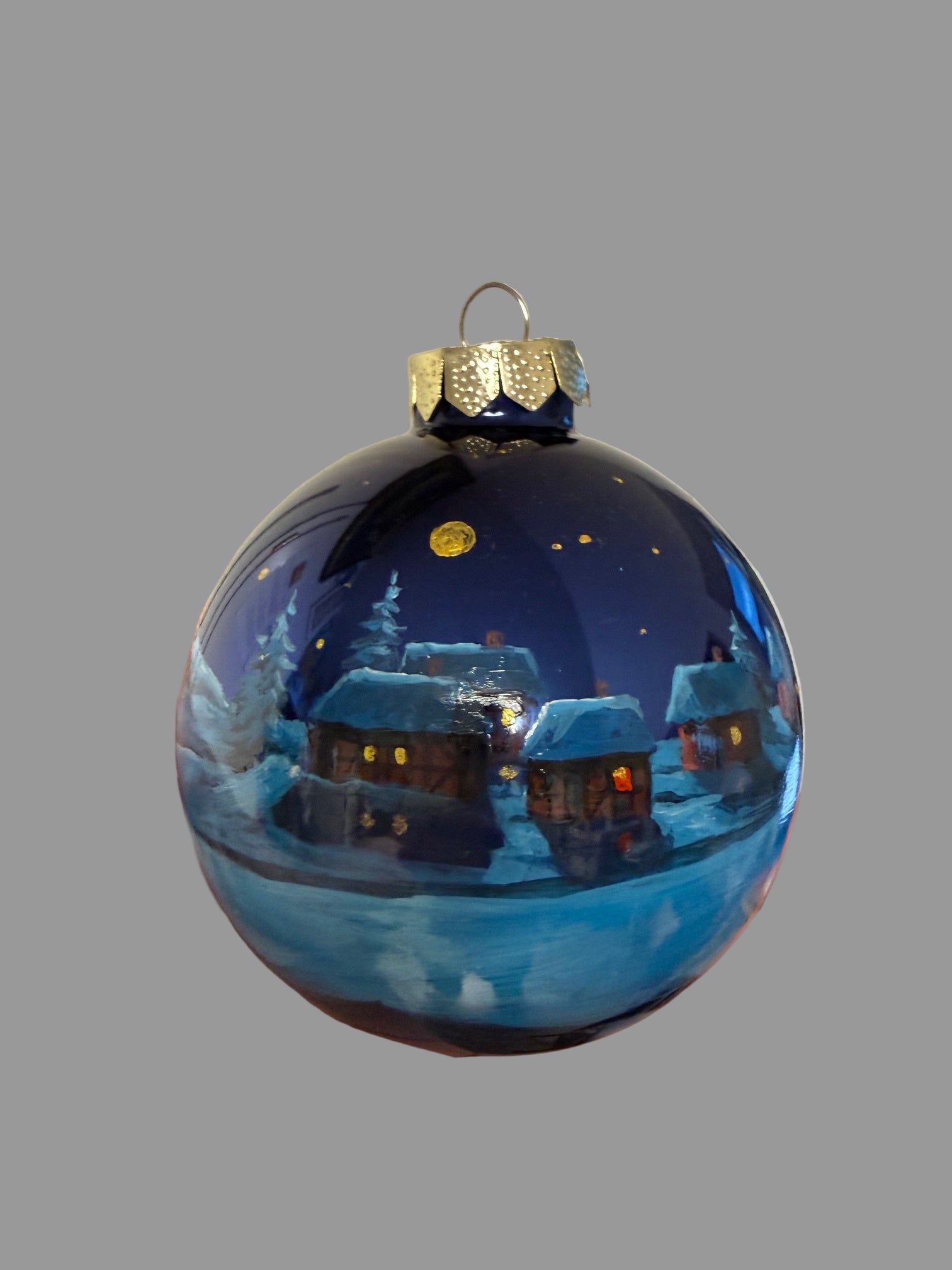 Tannenbaumkugel "Schneedorf in Winternacht" 10 cm, Glas Blau