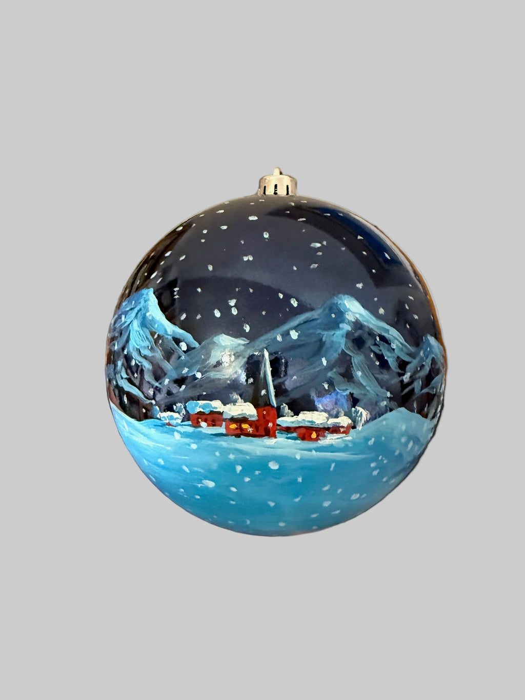 Tannenbaumkugel "Bergdorf und Schneemann", 15 cm Kunststoff, Blau