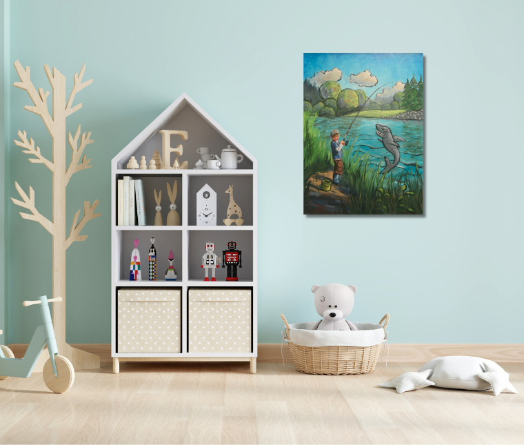 Comic World Junge beim Angeln, Ölgemälde, 80 x 60cm