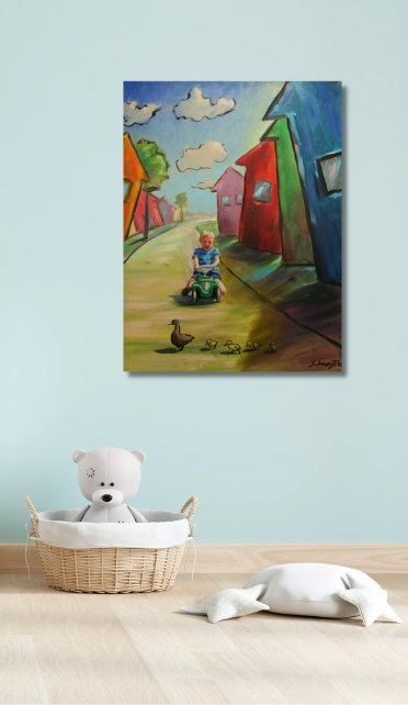 Comic World Junge mit Bobbycar, Ölgemälde, 80 x 60cm