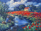 Junge angelt vor Mohnblumenwiese, Ölbild auf Leinwand, 60x80cm