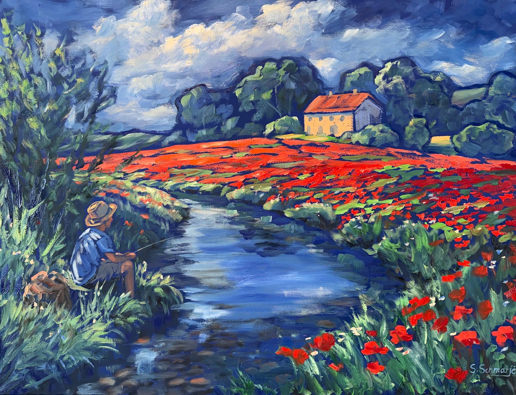 Junge angelt vor Mohnblumenwiese, Ölbild auf Leinwand, 60x80cm