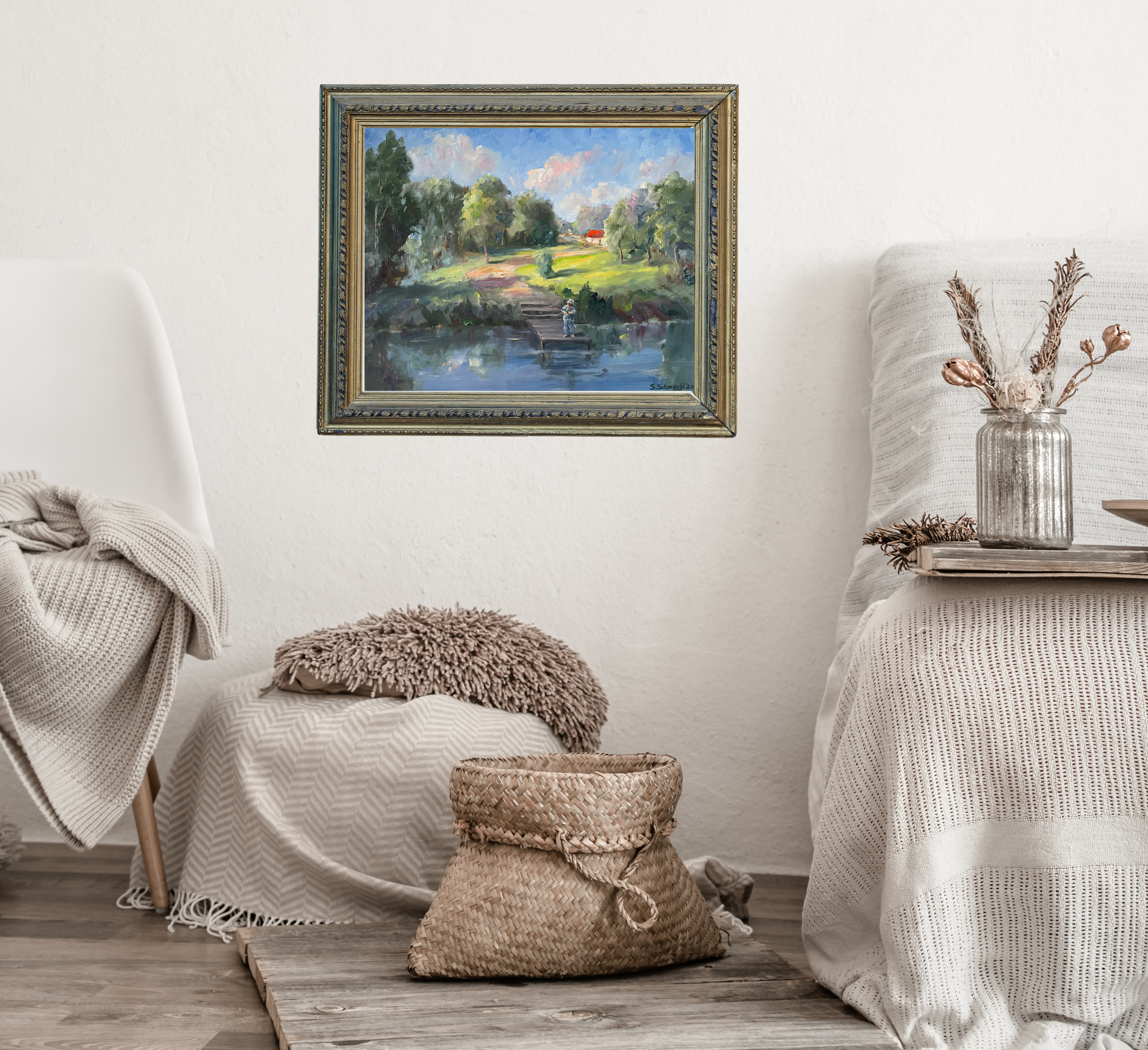 Mann angelt auf Steg, Ölgemälde auf Leinwand, 50x60cm