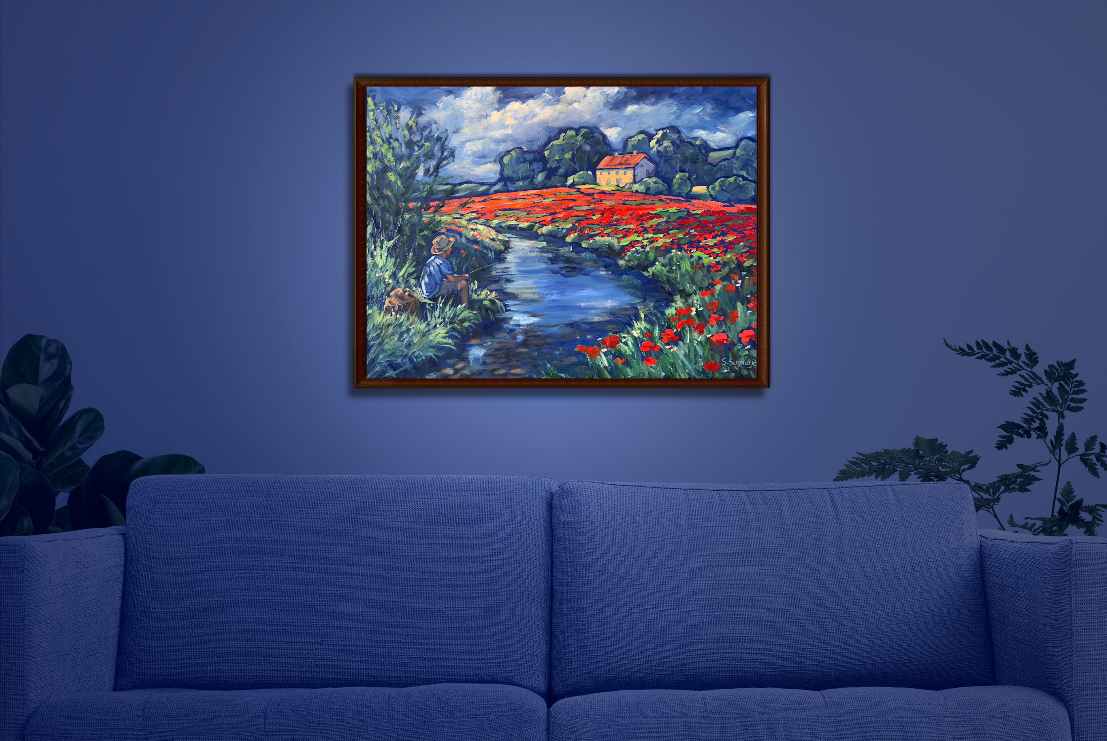 Junge angelt vor Mohnblumenwiese, Ölbild auf Leinwand, 60x80cm