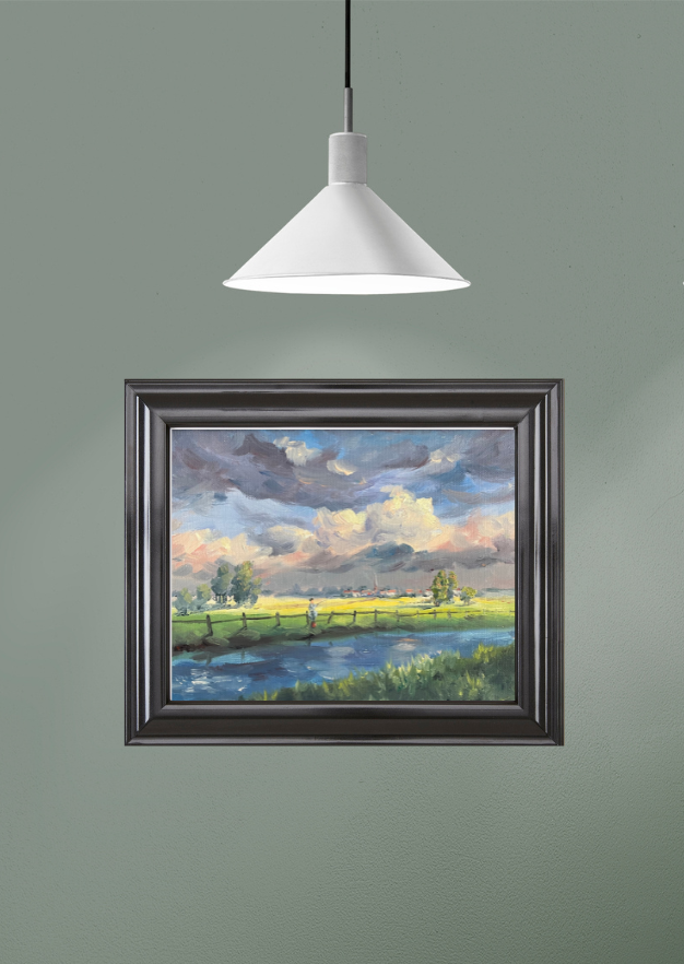 Junge angelt am Fluss, Ölgemälde auf Leinwand, 18x24cm