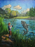 Comic World Junge beim Angeln, Ölgemälde, 80 x 60cm
