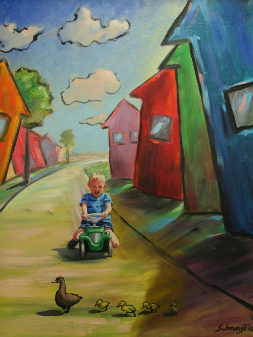 Comic World Junge mit Bobbycar, Ölgemälde, 80 x 60cm