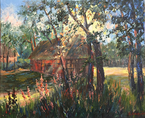 Bauernhaus im Gegenlicht (angelehnt an L. Schulz-Goldap), Ölgemälde auf Leinwand, 50x60cm