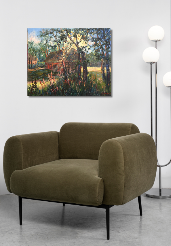 Bauernhaus im Gegenlicht (angelehnt an L. Schulz-Goldap), Ölgemälde auf Leinwand, 50x60cm