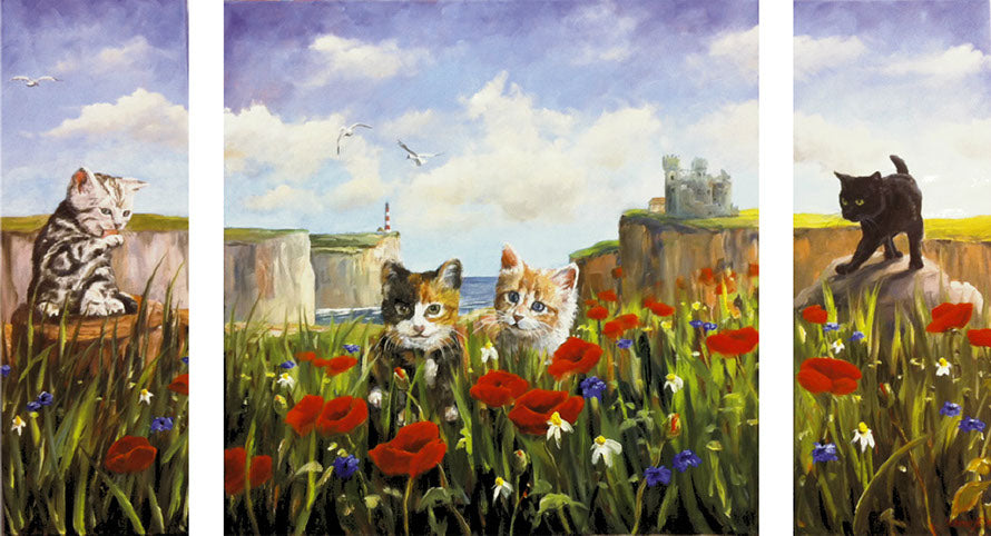 "XKatze" Kätzchen auf Blumenwiese Ölgemälde, 80 cm x 140 cm