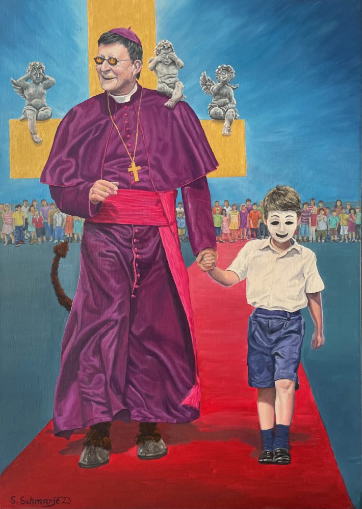 Kirche und Kinder, Ölgemälde 70 x 50 cm