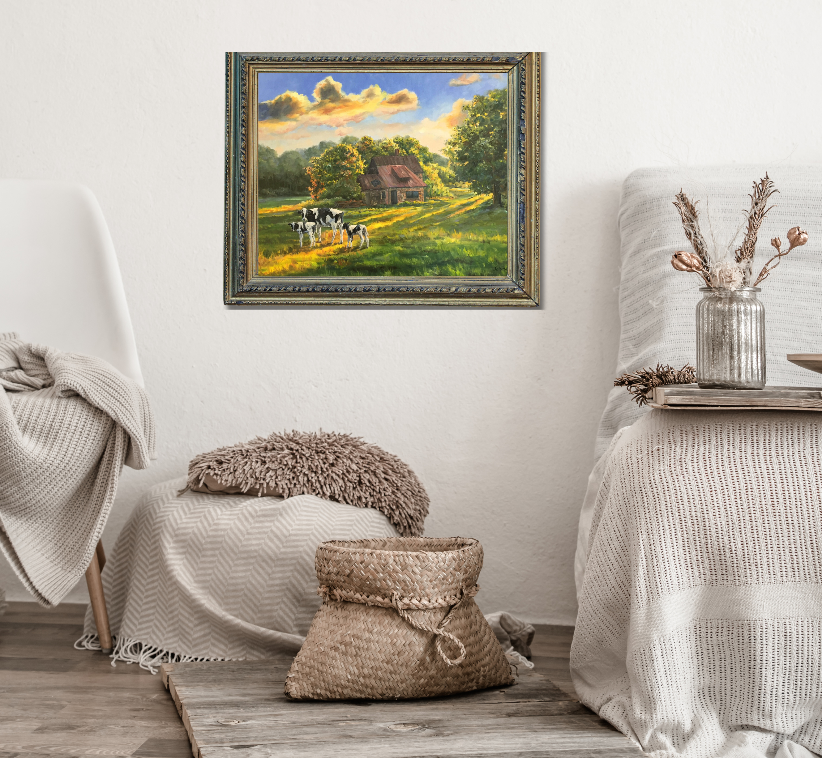 Kühe im Sonnenlicht, Ölgemälde auf Leinwand 60x80cm