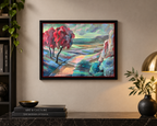 Küstenlandschaft mit roten Bäumen, Ölbild auf Leinwand, 40x50cm