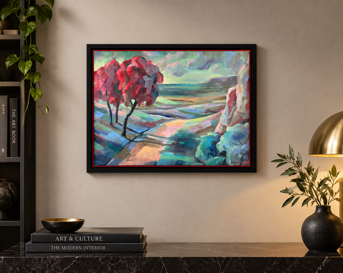 Küstenlandschaft mit roten Bäumen, Ölbild auf Leinwand, 40x50cm