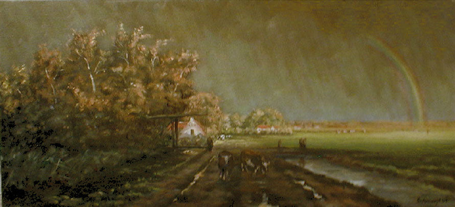Landschaft mit Regenbogen, Ölgemälde 30 x 60 cm angelehnt an Willem Roelofs