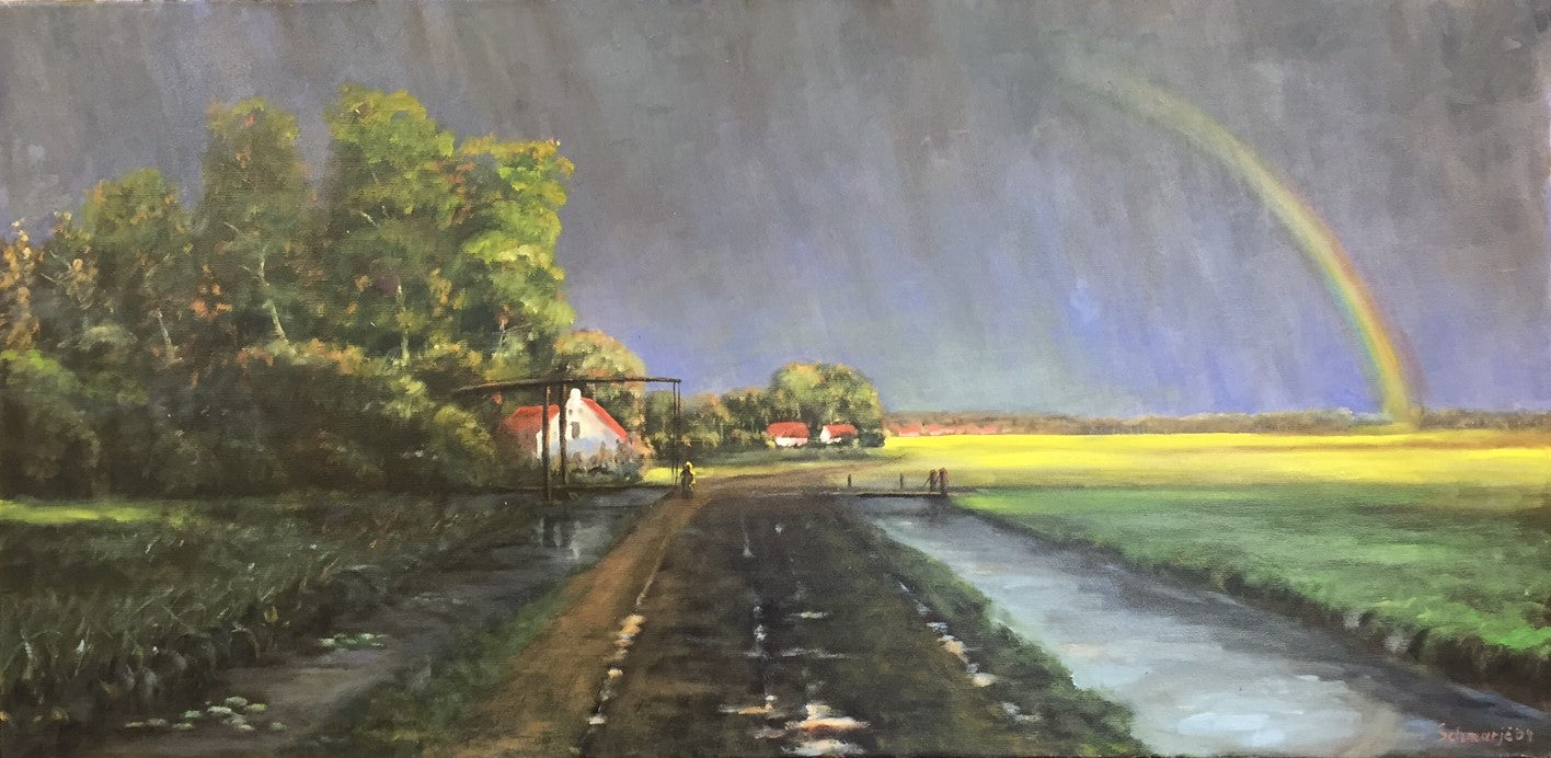Landschaft mit Regenbogen, Ölgemälde 50 x 100 cm