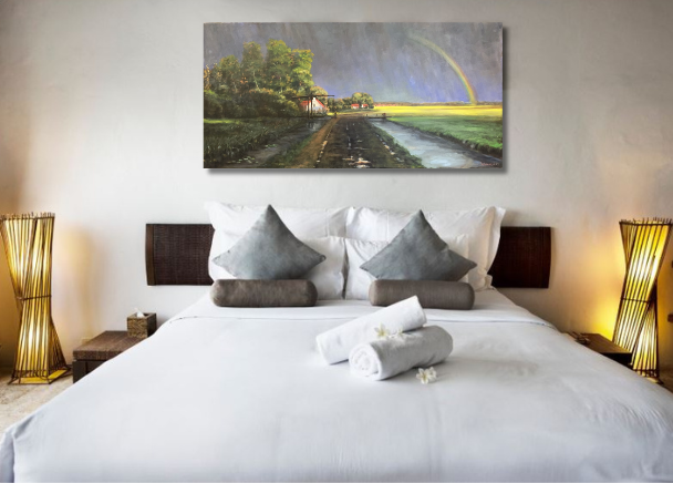 Landschaft mit Regenbogen, Ölgemälde 50 x 100 cm