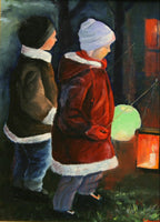 Kinder mit Laternen, Ölgemälde auf Leinwand, 40x30cm