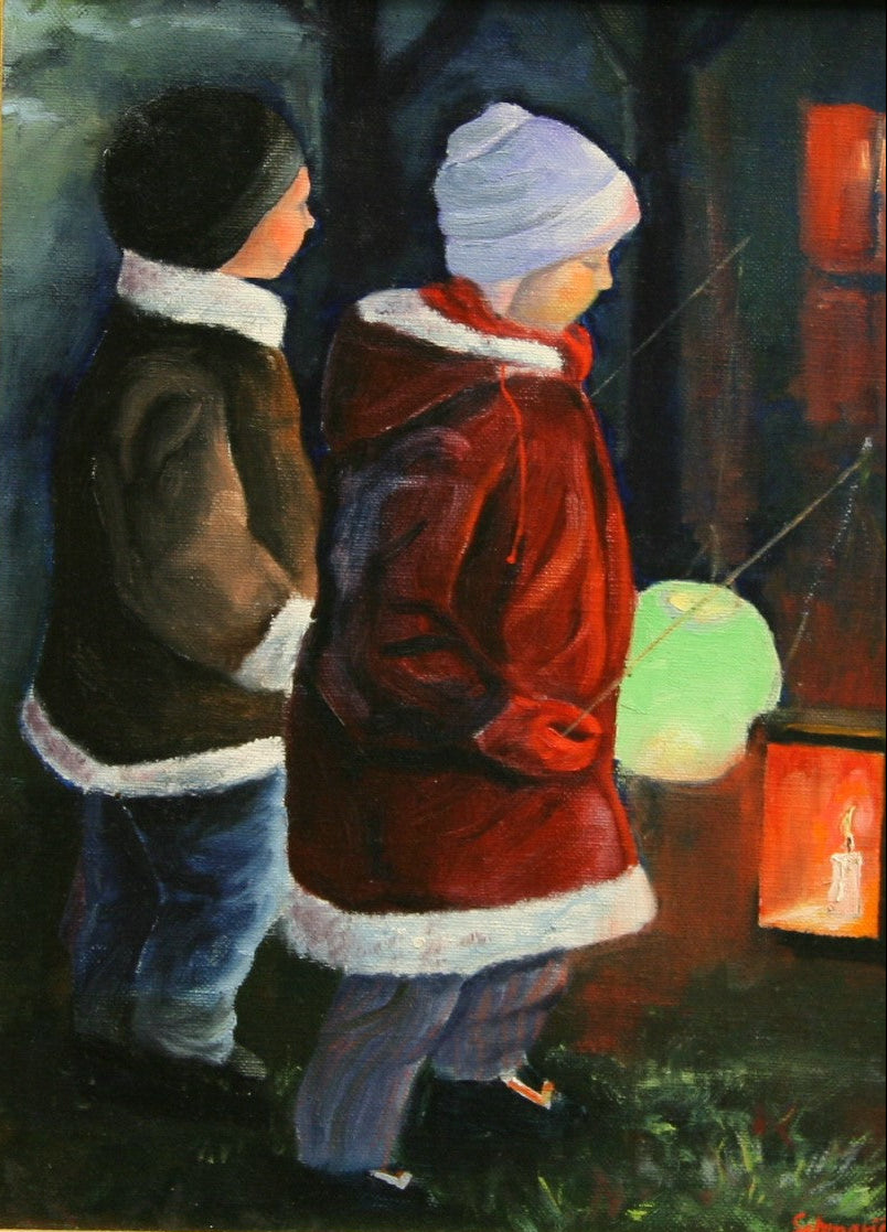 Kinder mit Laternen, Ölgemälde auf Leinwand, 40x30cm