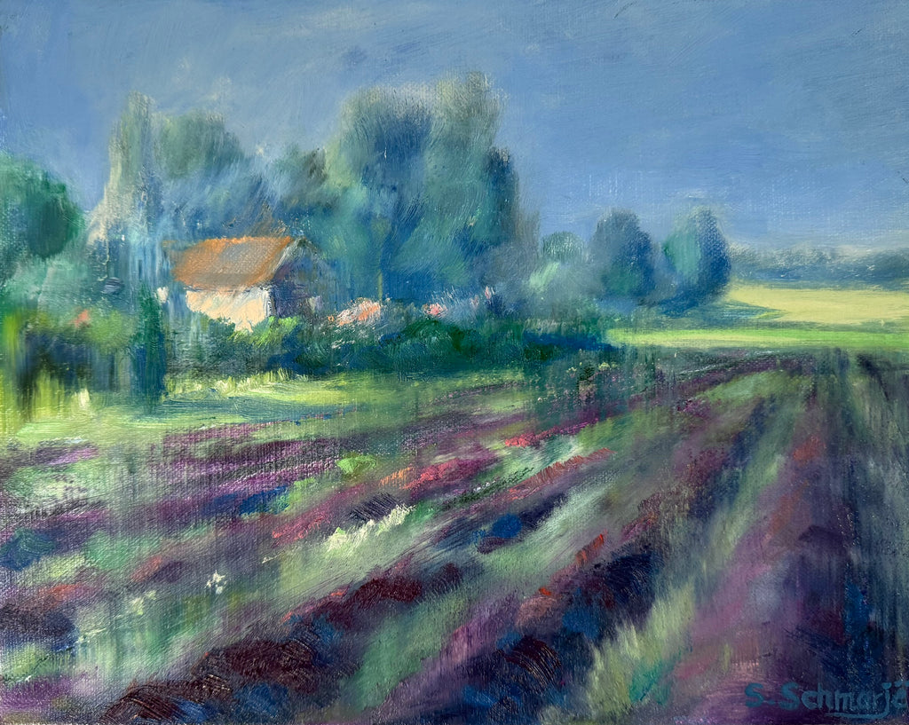 Haus am Lavendelfeld, Ölbild auf Leinwand, 24x30cm