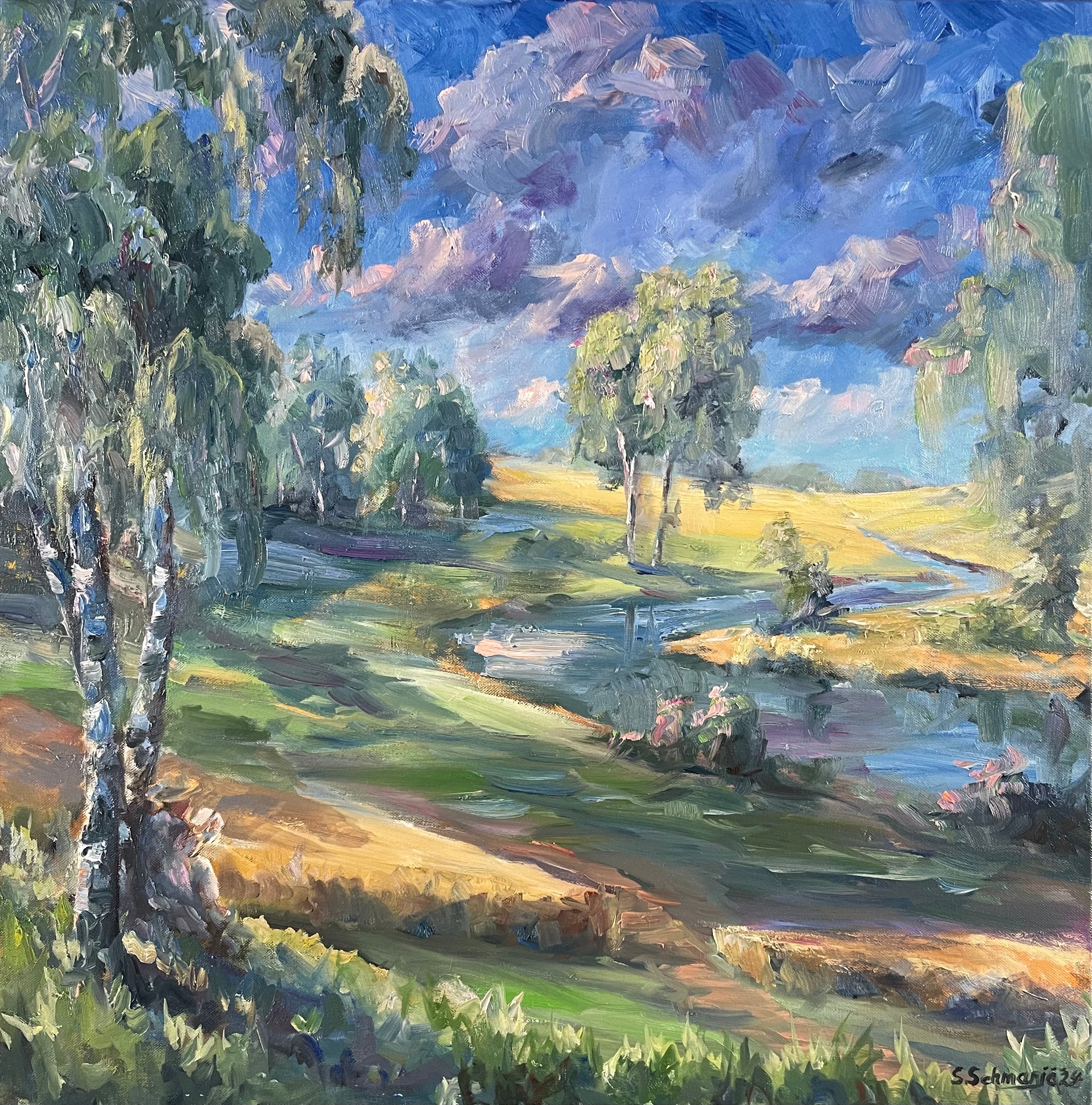 Lesender unter einer Birke, Ölgemälde auf Leinwand 60x60cm