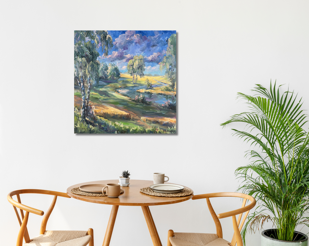 Lesender unter einer Birke, Ölgemälde auf Leinwand 60x60cm