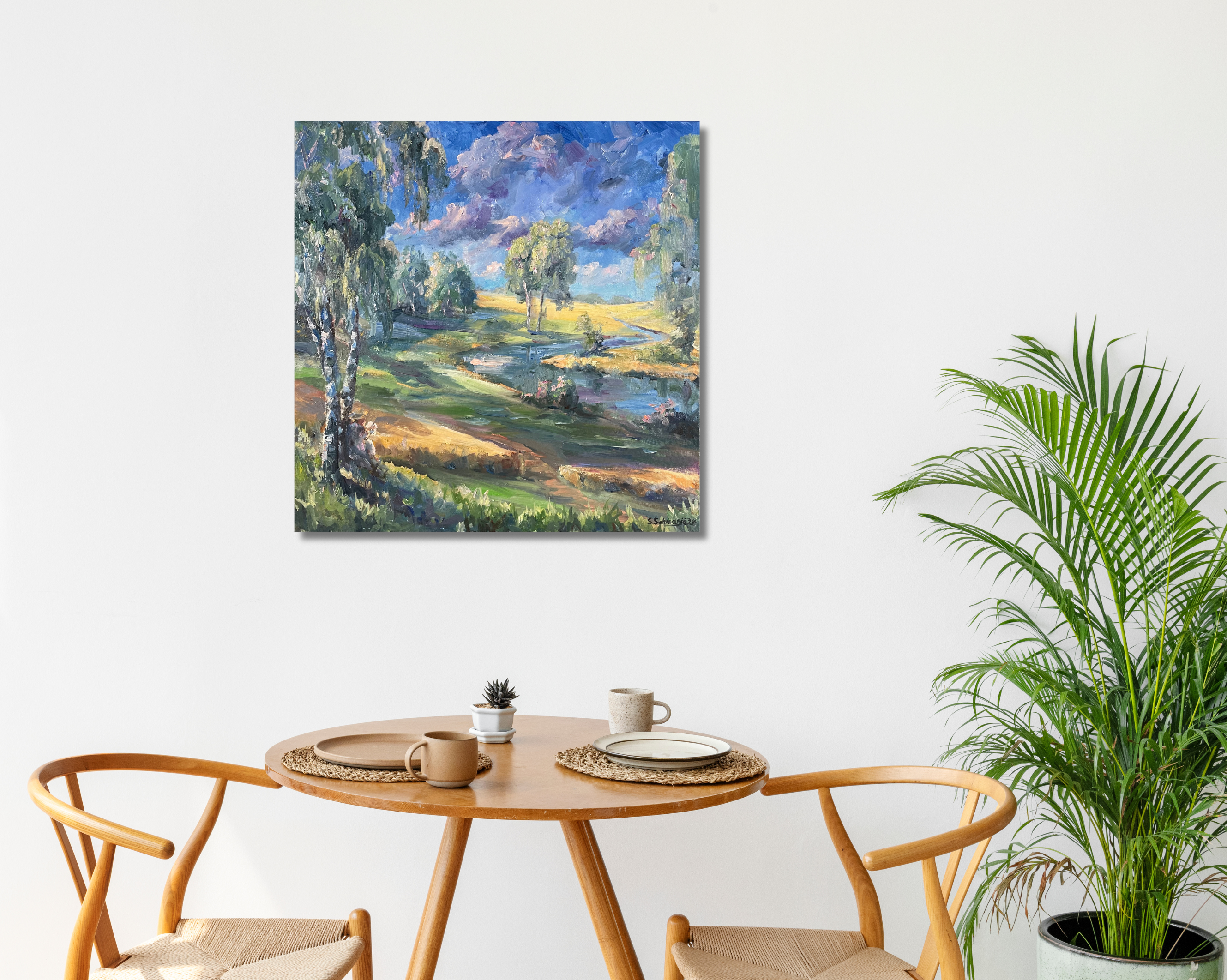 Lesender unter einer Birke, Ölgemälde auf Leinwand 60x60cm