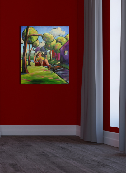 Comic World "Mädchen auf der Schaukel", Ölgemälde, 80 x 60cm