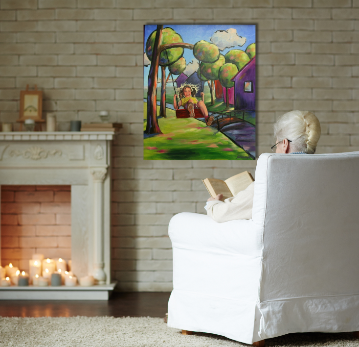 Comic World "Mädchen auf der Schaukel", Ölgemälde, 80 x 60cm